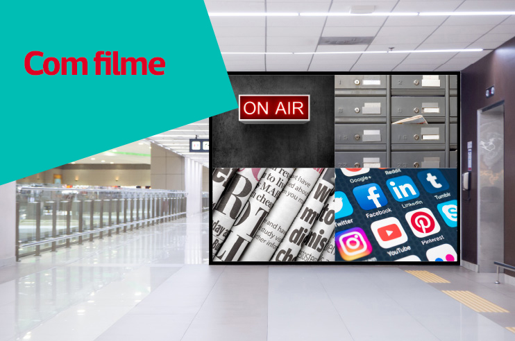 Imagem que descreve uma campanha massificada mostrando os diversos espaços publicitários onde esta poderá estar. Rádio, jornais, redes sociais, correio.